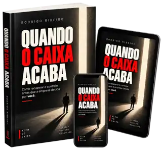 Mockup do ebook Quando o Caixa Acaba em livro, tablet e celular